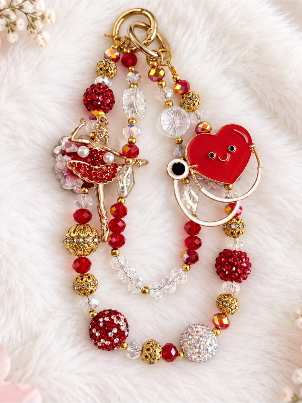 Red Crystal Heart & Ballerina Beaded Bag Charm new